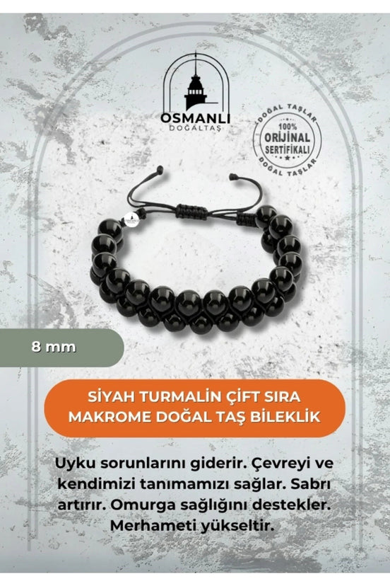 Siyah Turmalin 8mm Çift Sıra Makrome Doğal Taş Bileklik