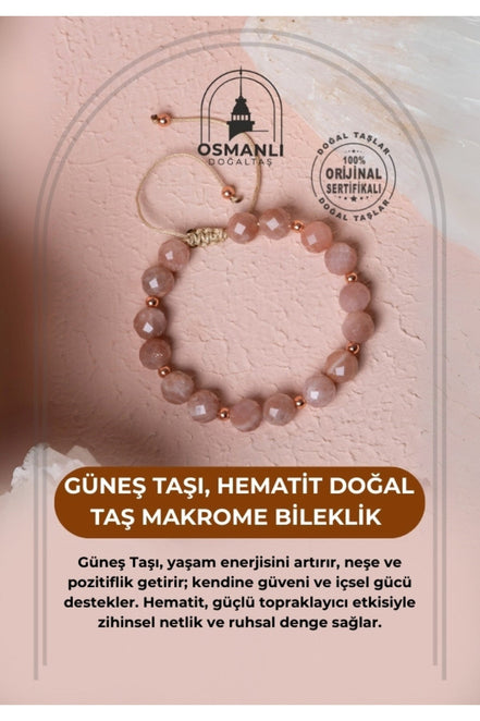 Sertifikalı Güneş Taşı, Hematit Doğal Taş Makrome Bileklik
