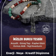 İkizler Burcu Tesbih Anyolit, Güneş Taşı, Kaplan Gözü, Kırmızı Akik, Yeşil Aventurin