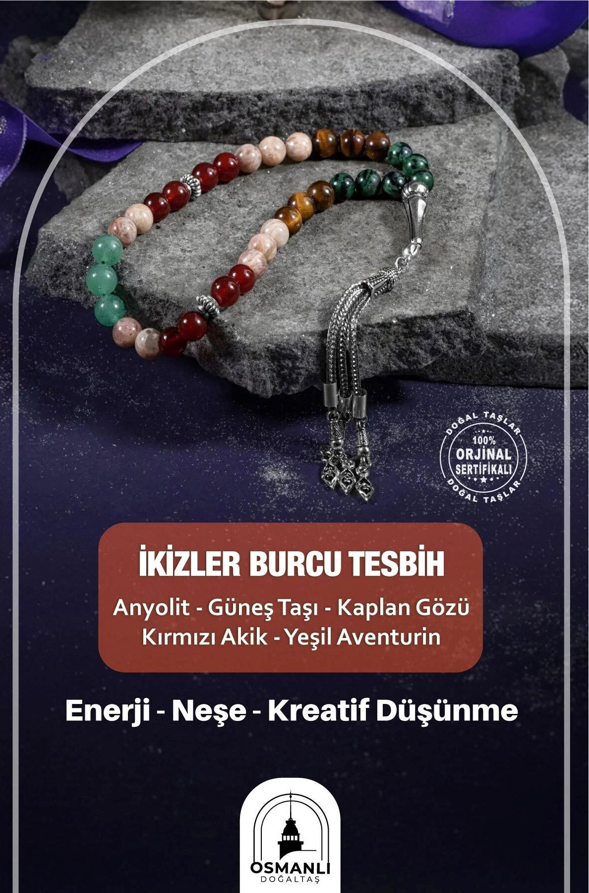 İkizler Burcu Tesbih Anyolit, Güneş Taşı, Kaplan Gözü, Kırmızı Akik, Yeşil Aventurin