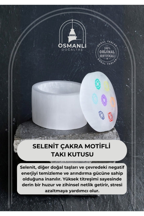 Selenit Çakra Motifli  Yuvarlak Takı Kutusu