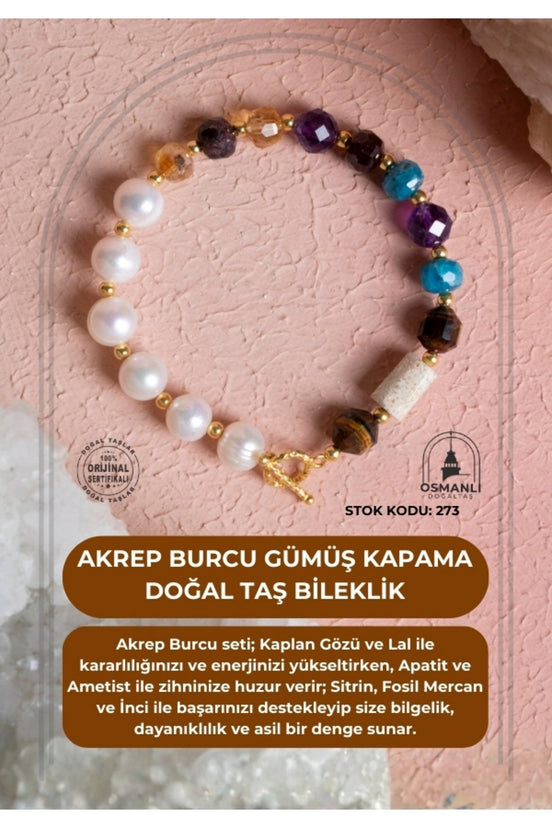 Akrep Burcu Gümüş Kapama Doğal Taş Bileklik (SK:273)