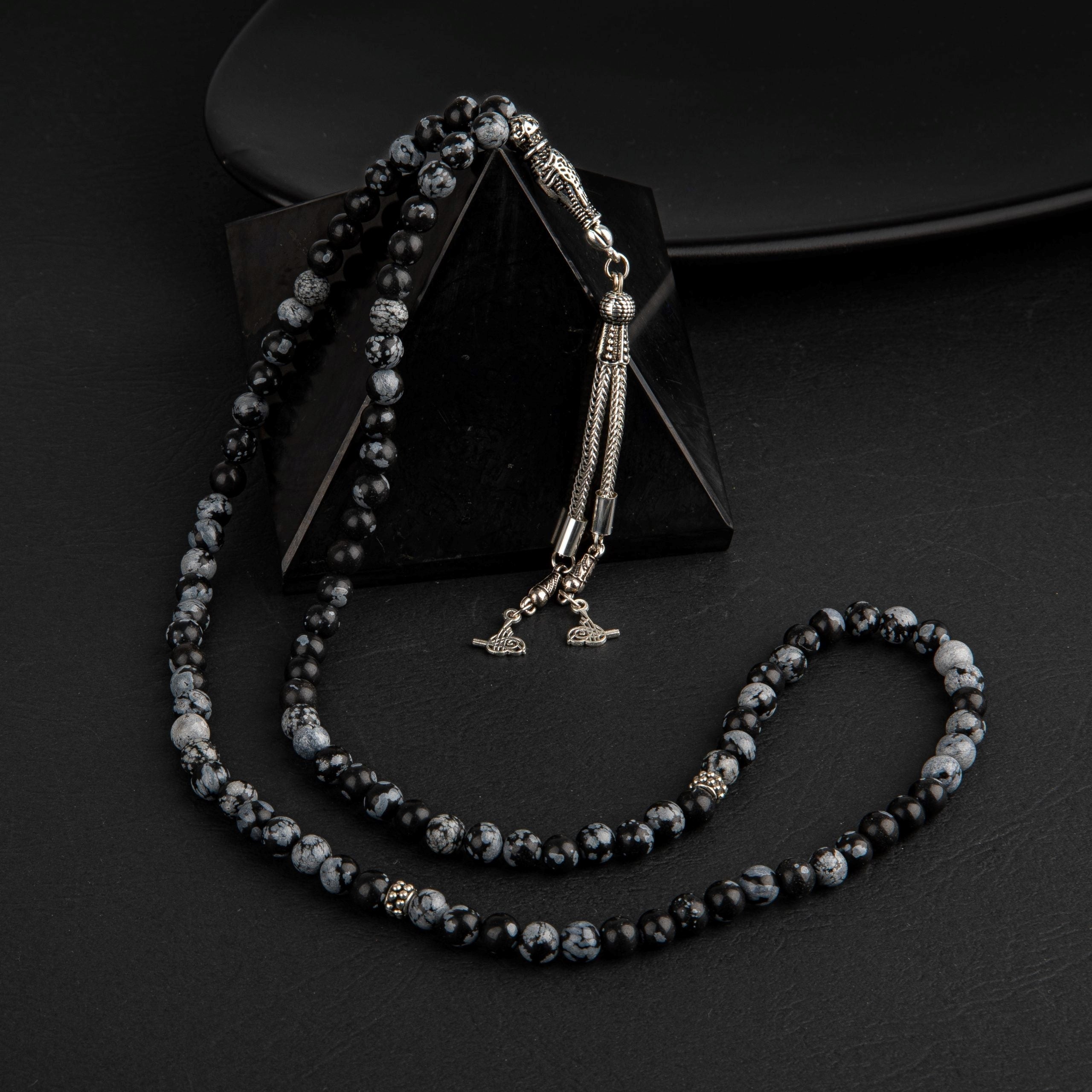 Karlı Obsidyen Doğal Taş Tesbih 99’luk – 6mm El İşçiliği