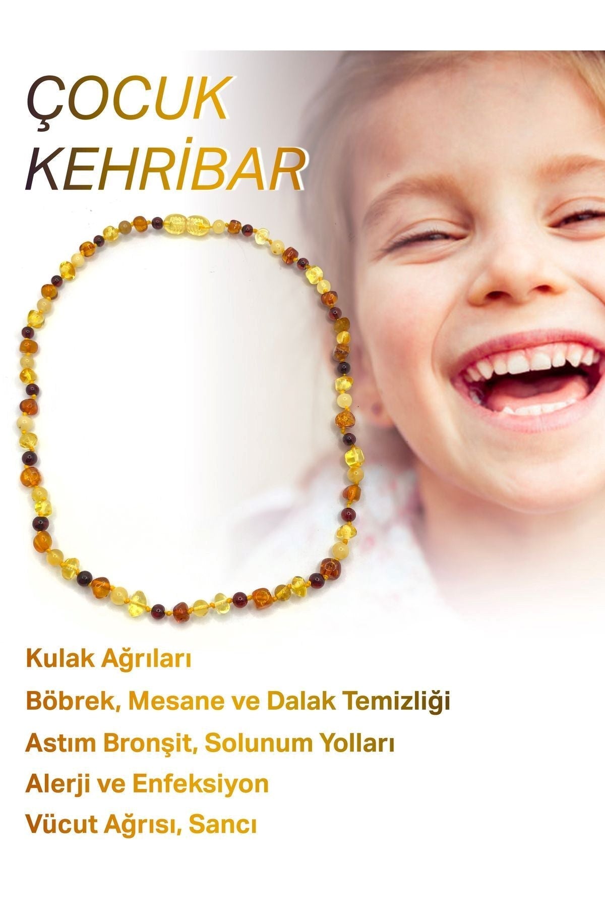 Hakiki Sertifikalı Çocuk Kehribar İpli Kopmaz Kolye 4-6 Yaş Kırmızı Turuncu Sarı Kehribar Doğal Taş