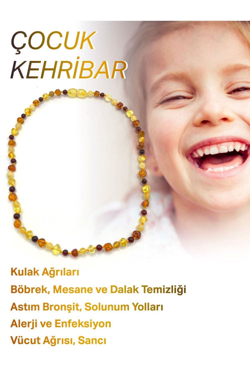 Hakiki Sertifikalı Çocuk Kehribar İpli Kopmaz Kolye 4-6 Yaş Kırmızı Turuncu Sarı Kehribar Doğal Taş