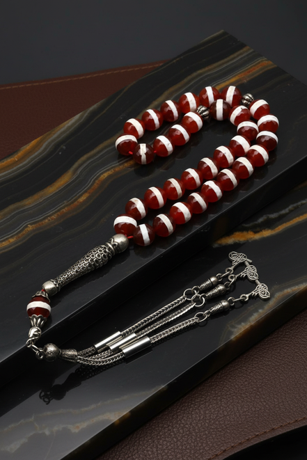 Beyaz Çizgili Akik Doğal Taş Tesbih – 8 mm Fasetli Küre Kesim