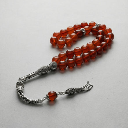 Akik Doğal Taş Tesbih – 925 Ayar Gümüş – 8 mm Küre Kesim