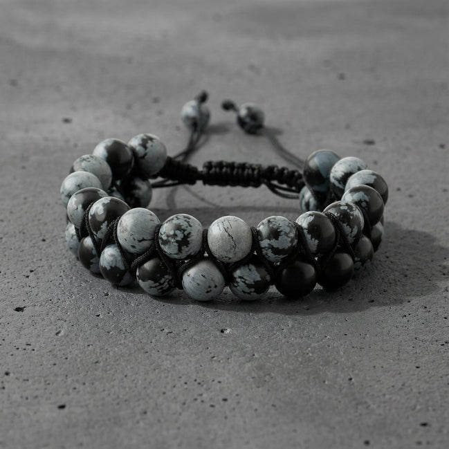 Karlı Obsidyen 8mm Çift Sıra Makrome Doğal Taş Bileklik
