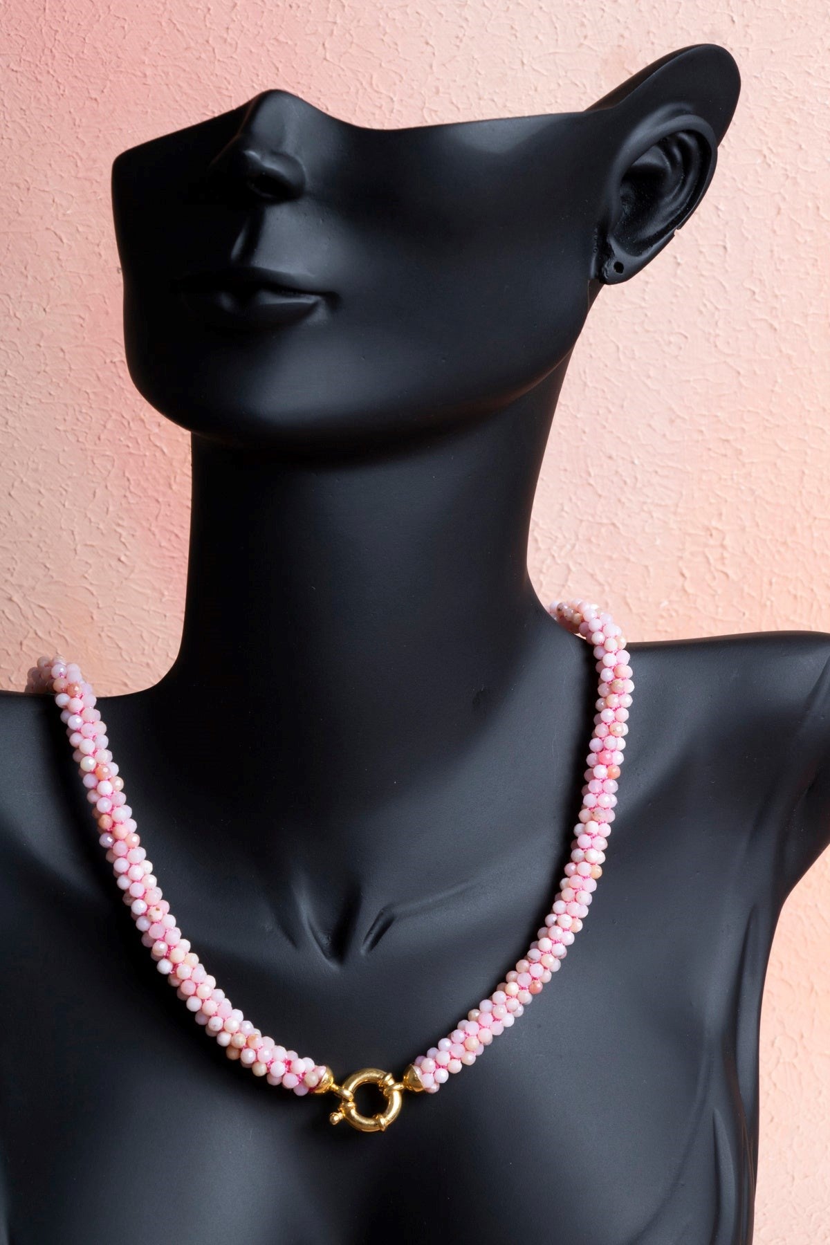 El İşçiliği Örme Pembe Opal Gümüş Kapama Kolye (SK:107)