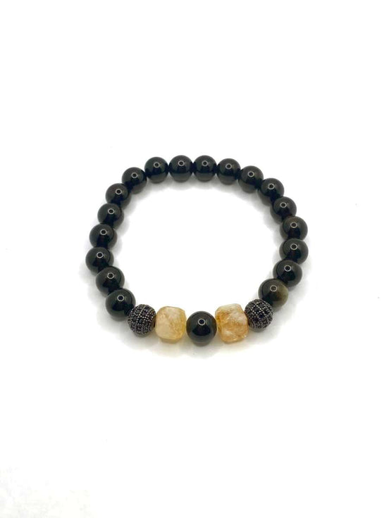 Orijinal Hakiki Sitrin - Obsidyen Siyah Zirkon Doğal Taş Bileklik 8mm