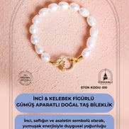 İnci & Kelebek Figürlü Gümüş Aparatlı Doğal Taş Bileklik (SK:051)