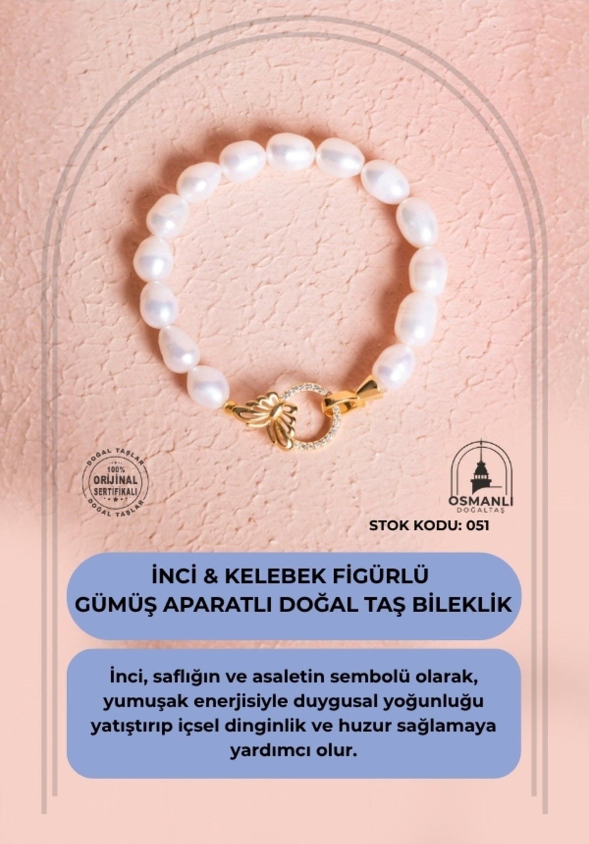 İnci & Kelebek Figürlü Gümüş Aparatlı Doğal Taş Bileklik (SK:051)