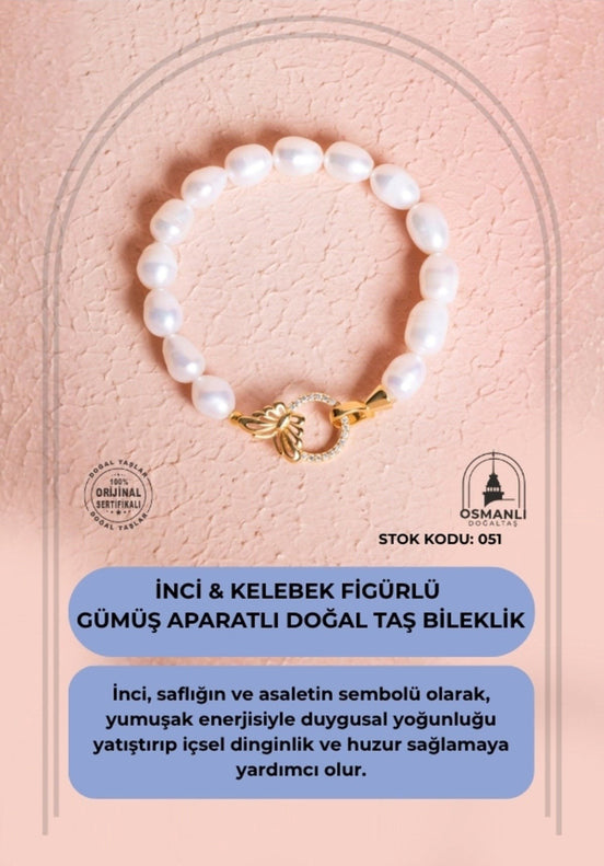 İnci & Kelebek Figürlü Gümüş Aparatlı Doğal Taş Bileklik (SK:051)