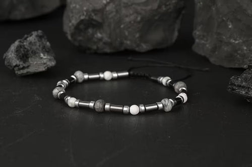 Gri Jasper-Hematit-Havlit Doğal Taş Bileklik