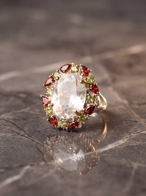Kristal Kuvars - Garnet - Zebercet Doğal Taş 925 Ayar Gümüş Özel Tasarım Yüzük