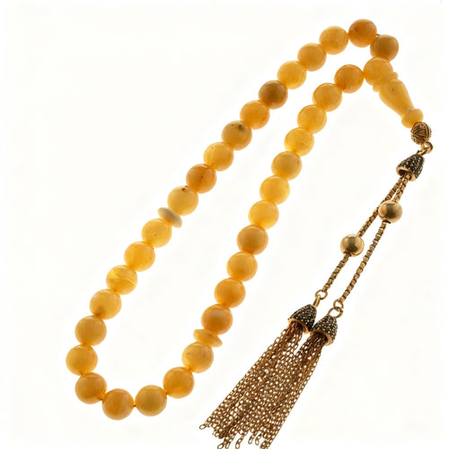 7 mm Küre Kesim Gold Eskitme Kaplamalı Gümüş İmame ve Püsküllü Kehribar Tesbih - 13,02 gr