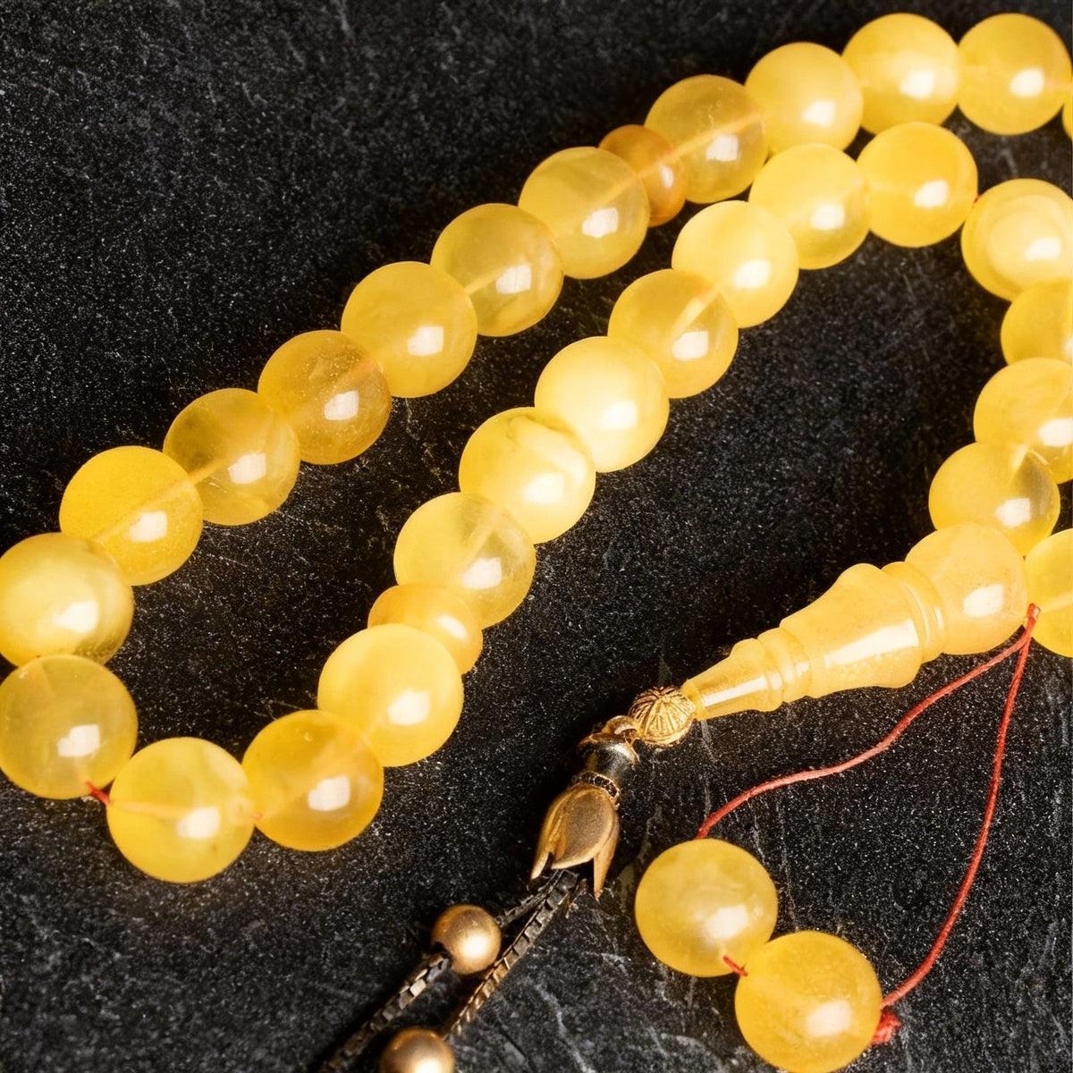 Lale Motifli 12,5 mm Küre Kesim Gold Kaplama Gümüş Kehribar Tesbih - 43,50 gr