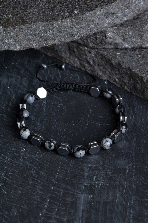 Sertifikalı Karlı Obsidyen, Hematit Doğal Taş Makrome Bileklik